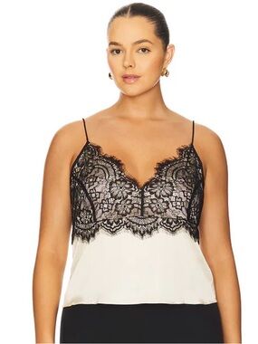 Good American Black Lace Trim Satin Cami with Cream Body